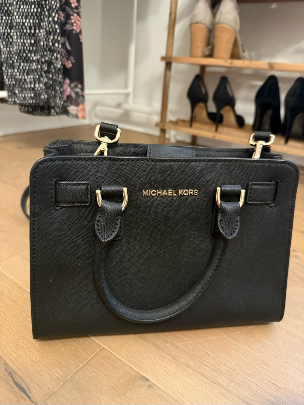 Michael Kors Black Leather Saffiano Satchel with Gold Hardware